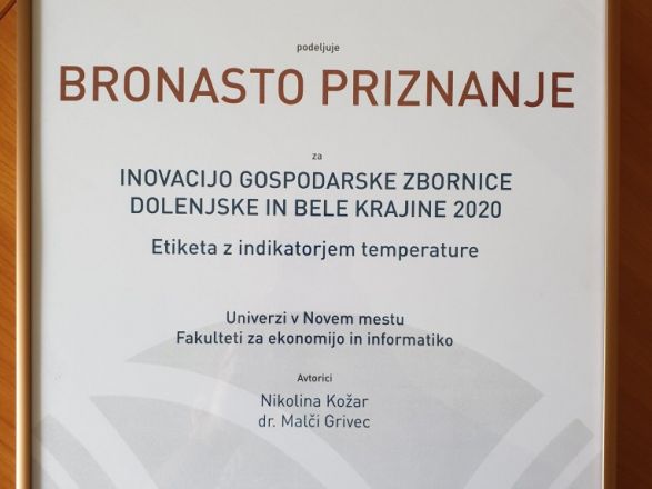 Bronasto priznanje za inovacije Gospodarske zbornice Dolenjske in Bele krajine (GZDBK) za leto 2020